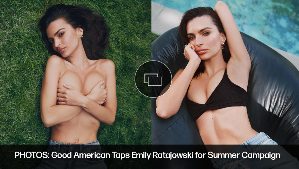 Emily Ratajkowski models Good American swimwear, summer 2024 collection, bikinis, denim shorts, fashion ads campaign