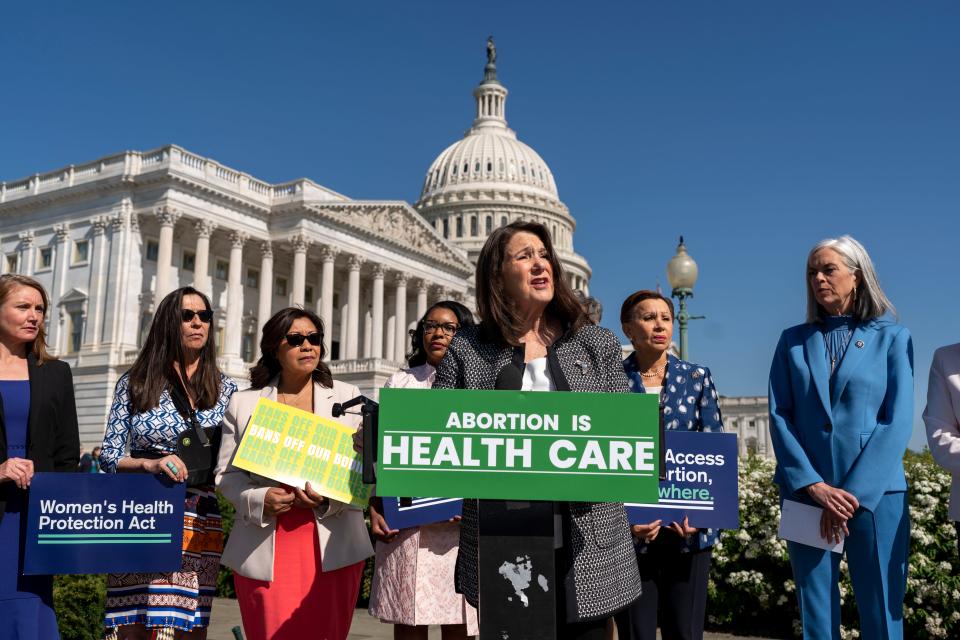 Rep. Diana DeGette, D-Colo., center, chair of the House Pro-Choice Caucus, is joined by House Minority Whip Katherine Clark, D-Mass., far right, and members of the Democratic Women's Caucus at an event at the Capitol in Washington on April 19 calling for access to abortion medication.