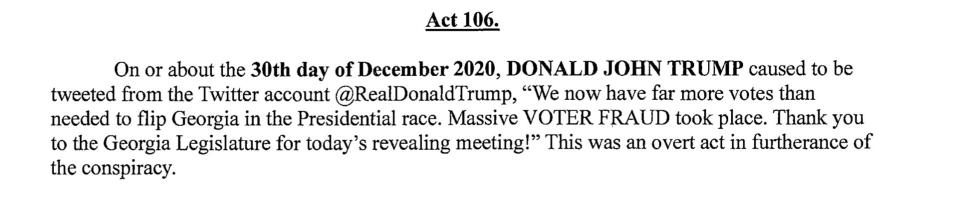 Tweet from @realDonaldTrump mentioned in the Georgia indictment