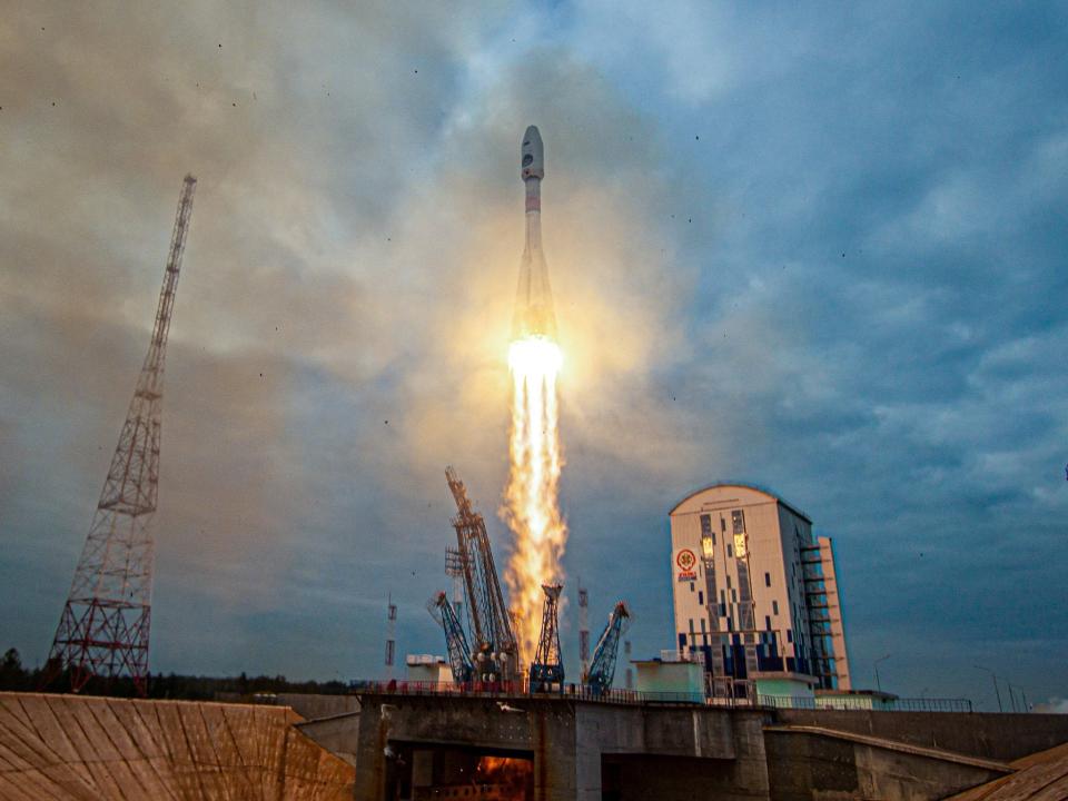 The rocket carrying the lunar lander blasts off from a launchpad at the Vostochny Cosmodrome in the far eastern Amur region of Russia (Roscosmos/Vostochny Space Centre via Reuters)