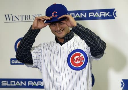 Feb 13, 2018; Mesa, AZ, USA; Chicago Cubs pitcher Yu Darvish addresses the media at Sloan Park. Mandatory Credit: Rick Scuteri-USA TODAY Sports