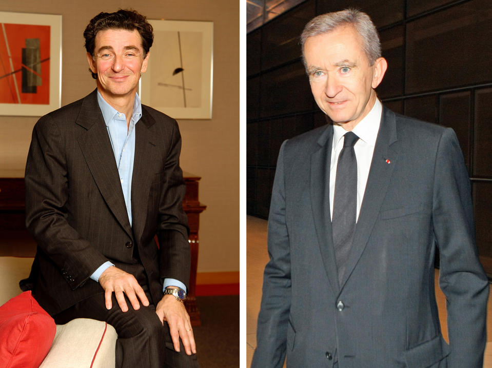 FILES - This combination image shows French financier Edouard de Rothschild in an undated file photo released by the Rothschild office, left, and French luxury goods group LVMH chairman Bernard Arnault on Thursday, Feb. 4, 2010 in Paris. The tycoon stakeholder of French newspaper Liberation has defended his rag’s stinging criticism of another tycoon: Europe’s richest man, Arnault, who’s seeking citizenship in Belgium, where taxes are lower. Edouard de Rothschild said on the night of his paper’s controversial headline Monday, Sept. 10, 2012, which told Arnault, who is worth an estimated $41 billion to “Get lost, rich jerk,” amounted to a “beautiful marketing operation.” It’s thought Arnault is trying to dodge the new Socialist government’s tax of 75% for the highest earners, a charge he vehemently denies. Arnault is suing the paper for “public injury.” (AP Photo/Rotschild Office/Jacques Brinon)