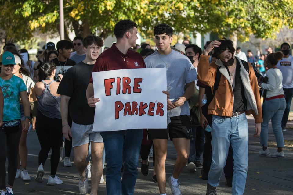 Students march through New Mexico State campus in Las Cruces demanding the university fire President John Floros and Provost Carol Parker on Tuesday, Nov. 16, 2021.