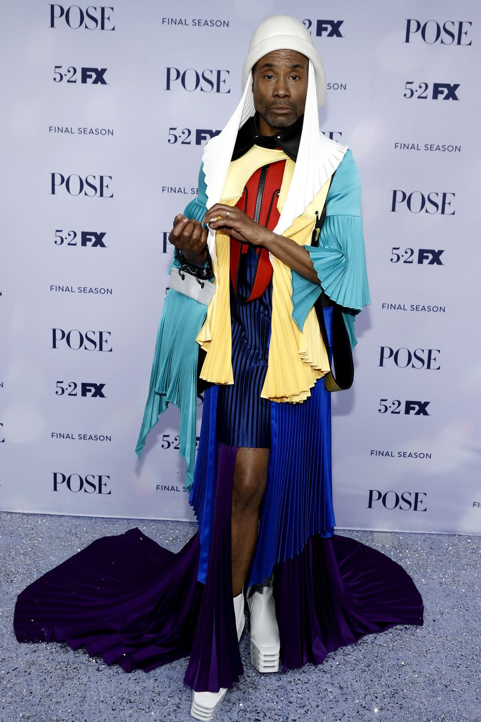 <p>The actor wore a multicoloured outfit with a white headdress to the Pose season three premiere in New York. </p>