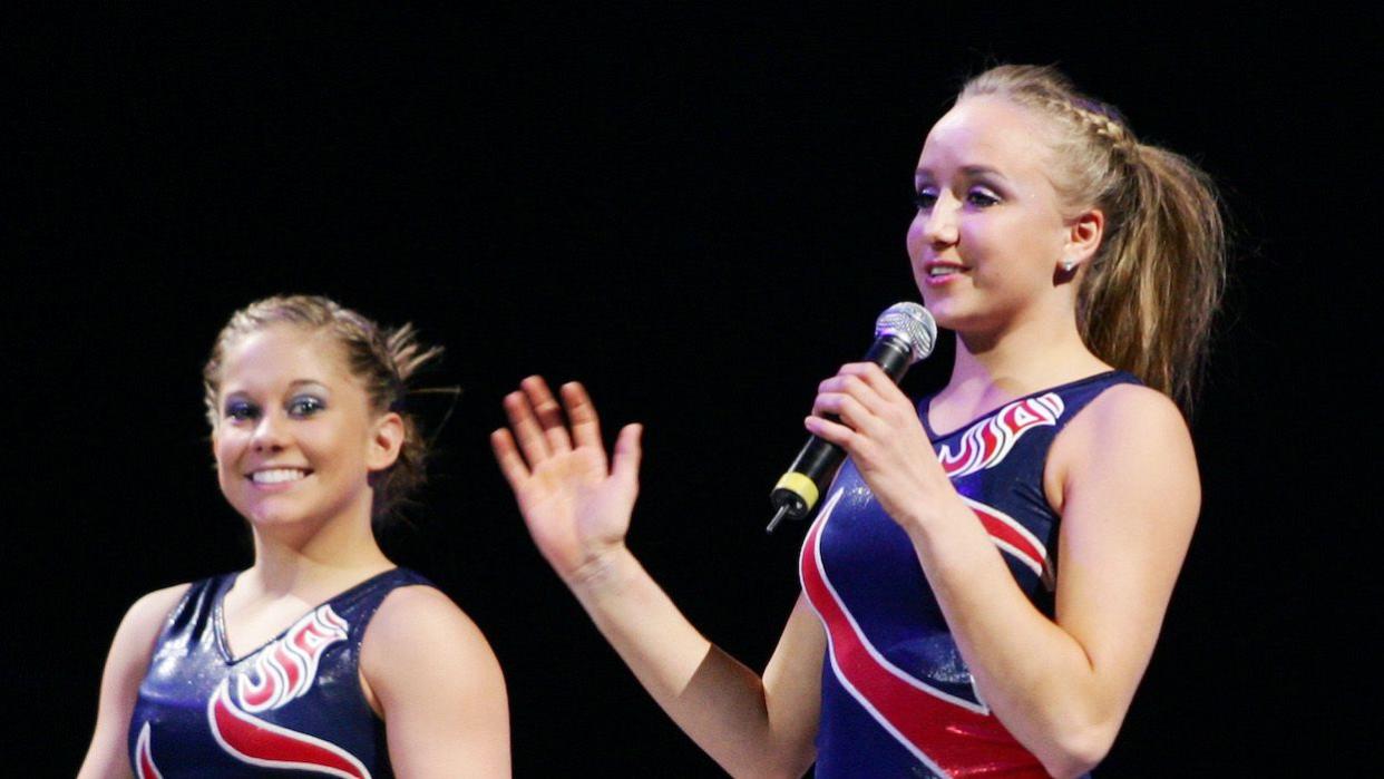 Olympic Gold Medalists Shawn Johnson and Nastia Liukin perform at the 2008 Tour of Gymnastics Superstars at Sprint Center on November 16, 2008 in Kansas City, Missouri