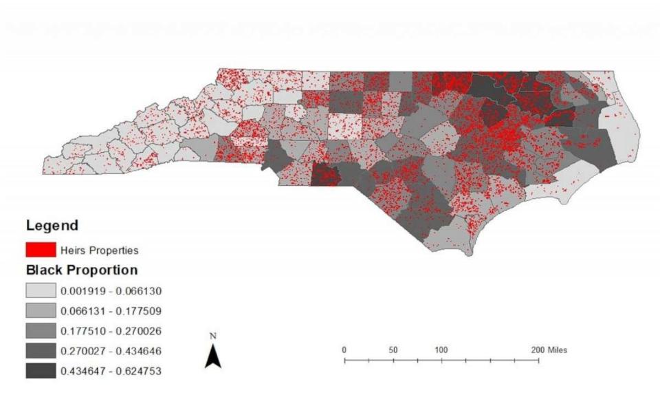 PHOTO: An estimate of Heirs property in North Carolina developed in partnership with Winston Salem State University's Spatial Justice Lab and the North Carolina Uniform Partition of Heirs' Property Act Coalition. (USDA Forest Service Research)