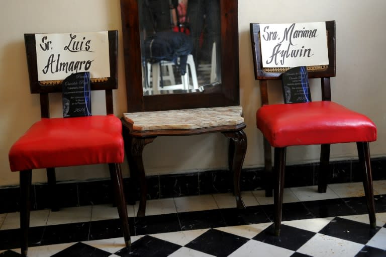 Empty chairs with the names of Organization of American States (OAS), Luis Almagro, and former Chilean education minister Mariana Aylwin are seen at the house of Rosa Maria Paya, daughter of late Cuban dissident Oswaldo Paya