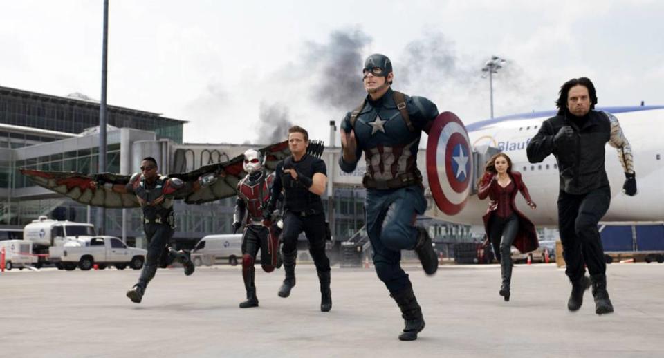 Chris Evans, Elizabeth Olsen, Jeremy Renner, Paul Rudd, Anthony Mackie and Sebastian Stan in “Captain America: Civil War.” Handout/TNS