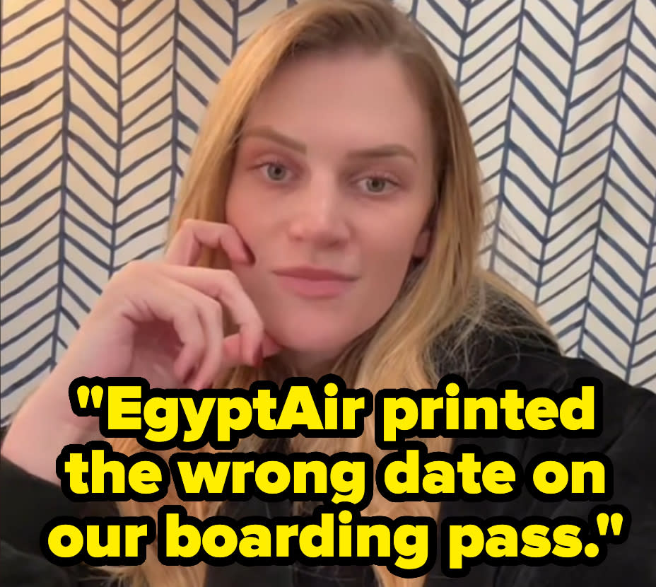 Sara saying "Egyptair printed the wrong date on our boarding pass"