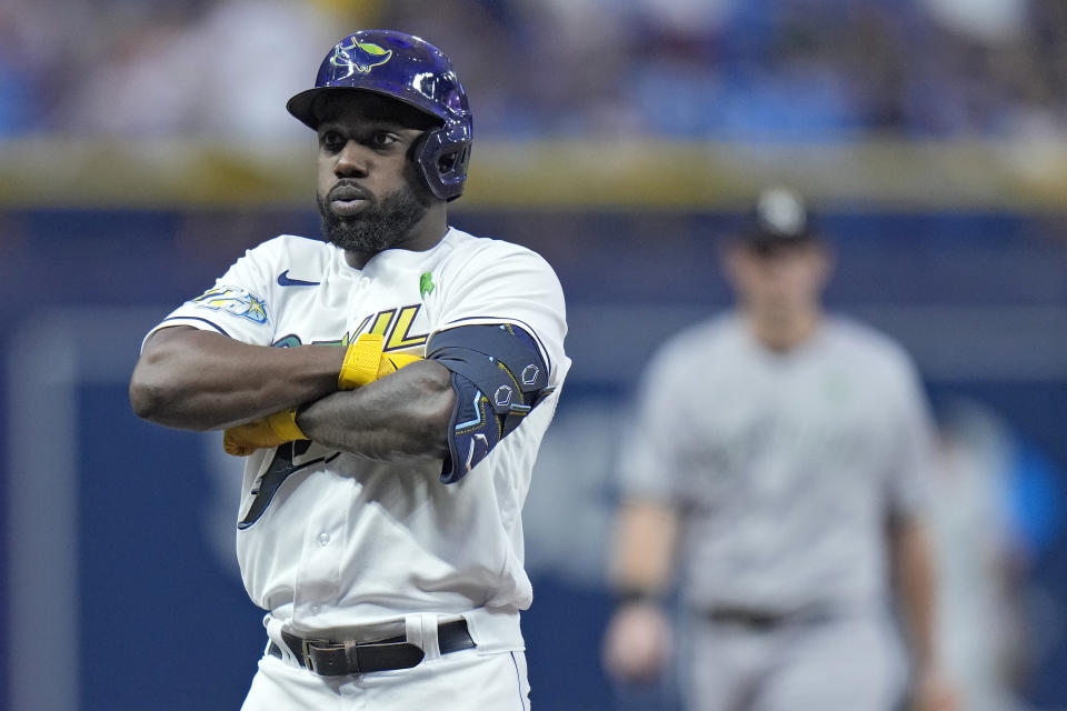 Tampa Bay Rays' Randy Arozarena reacts after his home run off New York Yankees starting pitcher Jhony Brito during the first inning of a baseball game Friday, May 5, 2023, in St. Petersburg, Fla. (AP Photo/Chris O'Meara)