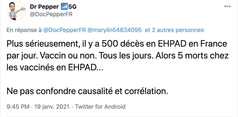 Sur Twitter, plusieurs médecins expliquent la différence entre causalité et corrélation concernant les morts qui ont suivi une vaccination.