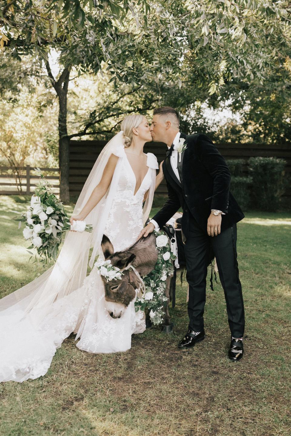 A bride and groom kiss with a miniature donkey between them.