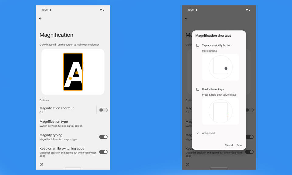 Two screenshots showing off Android 14's new magnification settings. 