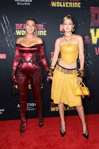 <p>Dimitrios Kambouris/Getty</p> Blake Lively and Gigi Hadid on July 22, 2024