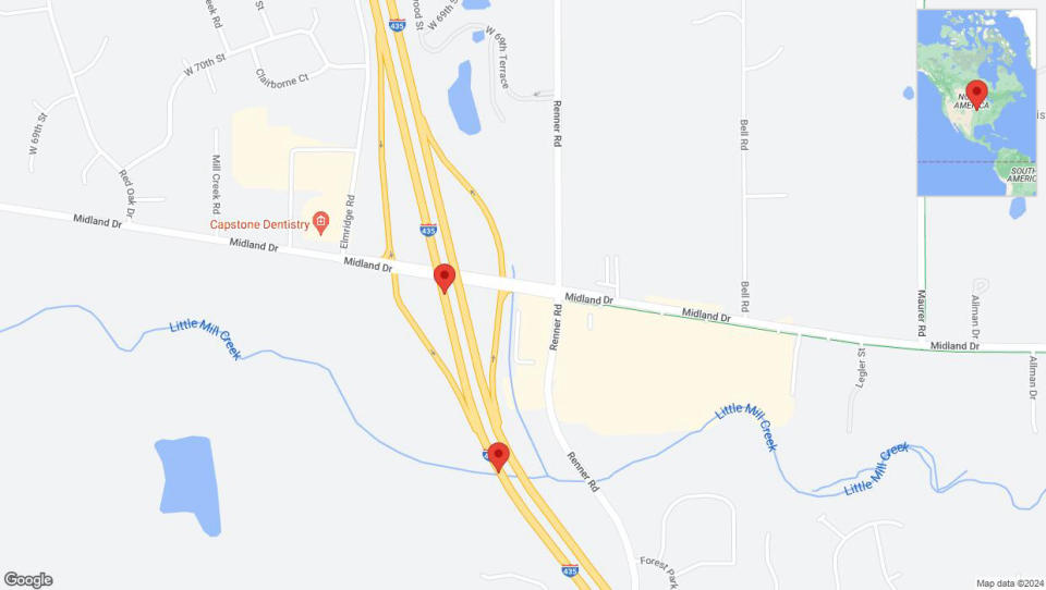 A detailed map that shows the affected road due to 'Lane on I-435 closed in Shawnee' on July 15th at 5:21 p.m.