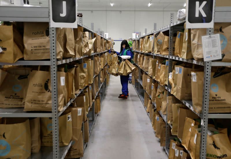 Order processing at the storage area of Czech online grocer Rohlik Group in Prague