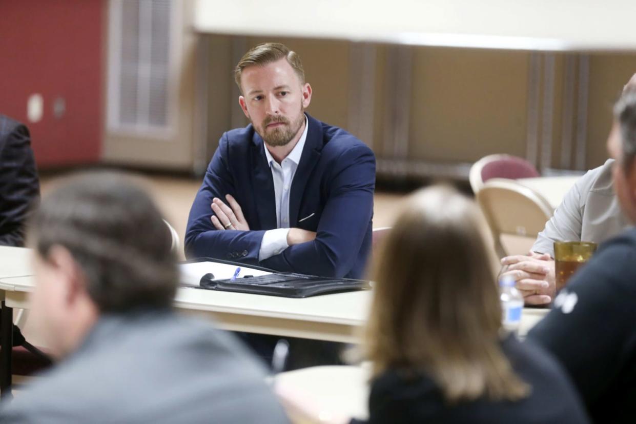 State schools Superintendent Ryan Walters listens Monday, Jan. 30, 2023, during a meeting with school superintendents at Kiamichi Tech-Atoka in Atoka.