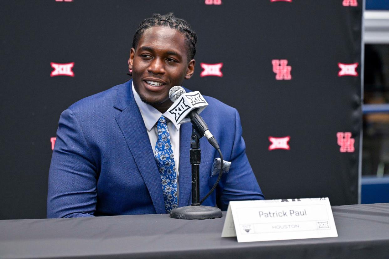 Jul 12, 2023; Arlington, TX, USA; Houston Cougars offensive lineman Patrick Paul is interviewed during Big 12 football media day at AT&T Stadium. Mandatory Credit: Jerome Miron-USA TODAY Sports