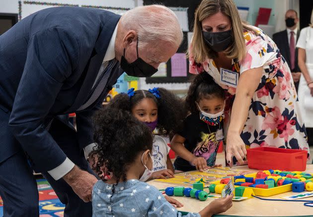 President Joe Biden talks to students during a visit to a pre-K classroom at East End Elementary School in North Plainfield, New Jersey, to promote his Build Back Better agenda on Oct. 25, 2021. (Photo: ANDREW CABALLERO-REYNOLDS via Getty Images)