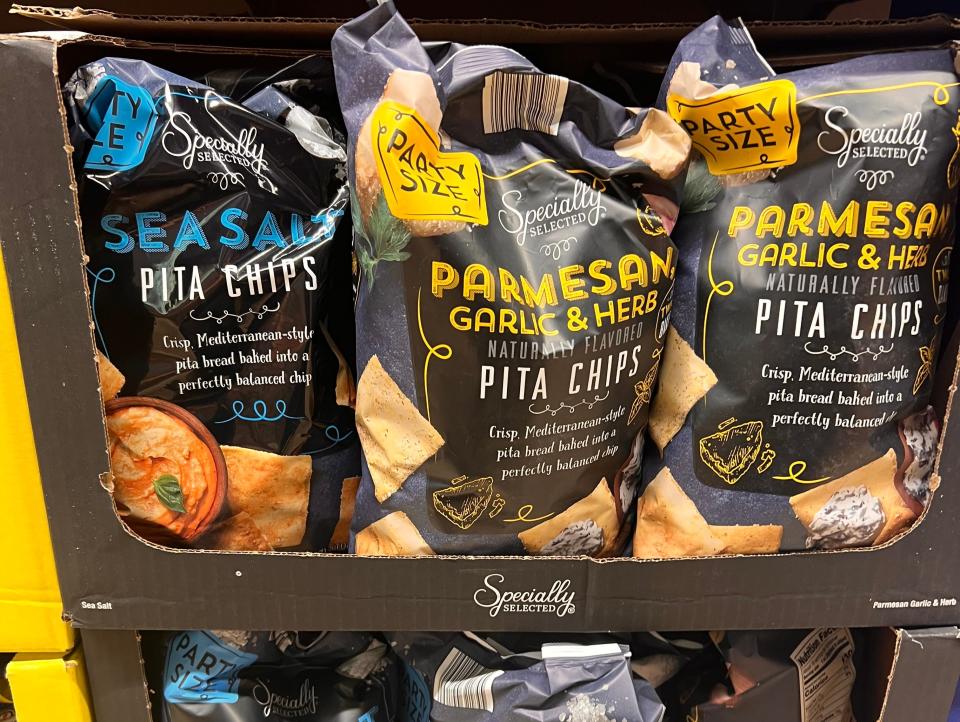 Specially Selected sea-salt and garlic-Parmesan pita chips at Aldi