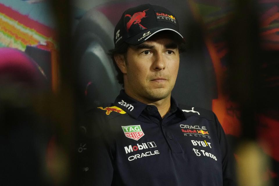 Checo Pérez durante una conferencia de prensa. (AP Photo/Luca Bruno)