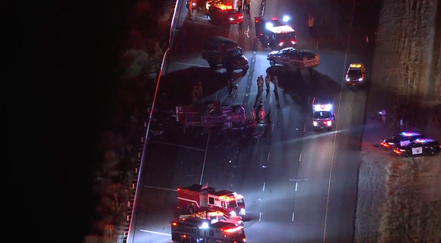 Several patients were flown to the hospital by helicopter after an Orange County Fire Department truck crashed on Freeway 241 on September 19, 2024. (KTLA)