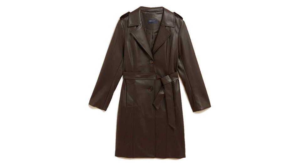 Faux Leather Belted Trench Coat