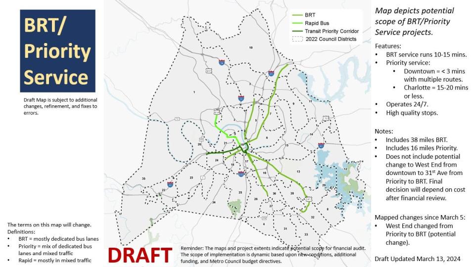 A draft map released March 14, 2024 shows potential bus rapid transit routes with dedicated bus lanes along Nashville's pikes. Nashville Mayor Freddie O'Connell's administration is working to put a transit funding referendum on the ballot in November 2024.