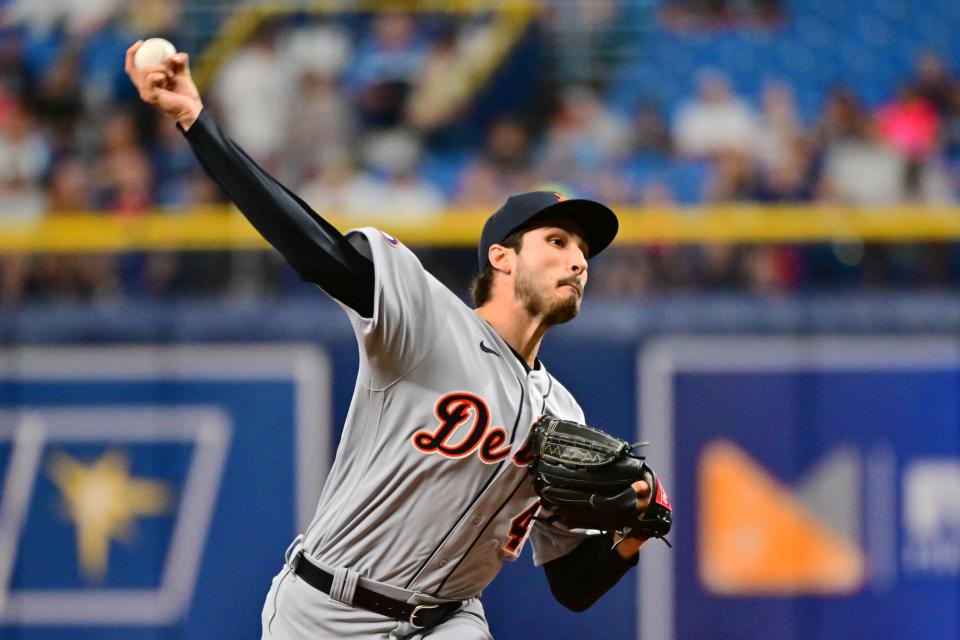 Tigers pitcher Alex Faedo delivers a pitch to the Rays in the first inning on Monday, May 16, 2022, in St. Petersburg, Florida.