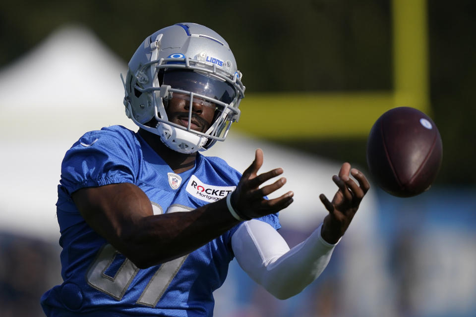 Detroit Lions receiver Quintez Cephus catches during a drill at the Lions NFL football camp practice, Wednesday, July 28, 2021, in Allen Park, Mich. (AP Photo/Carlos Osorio)