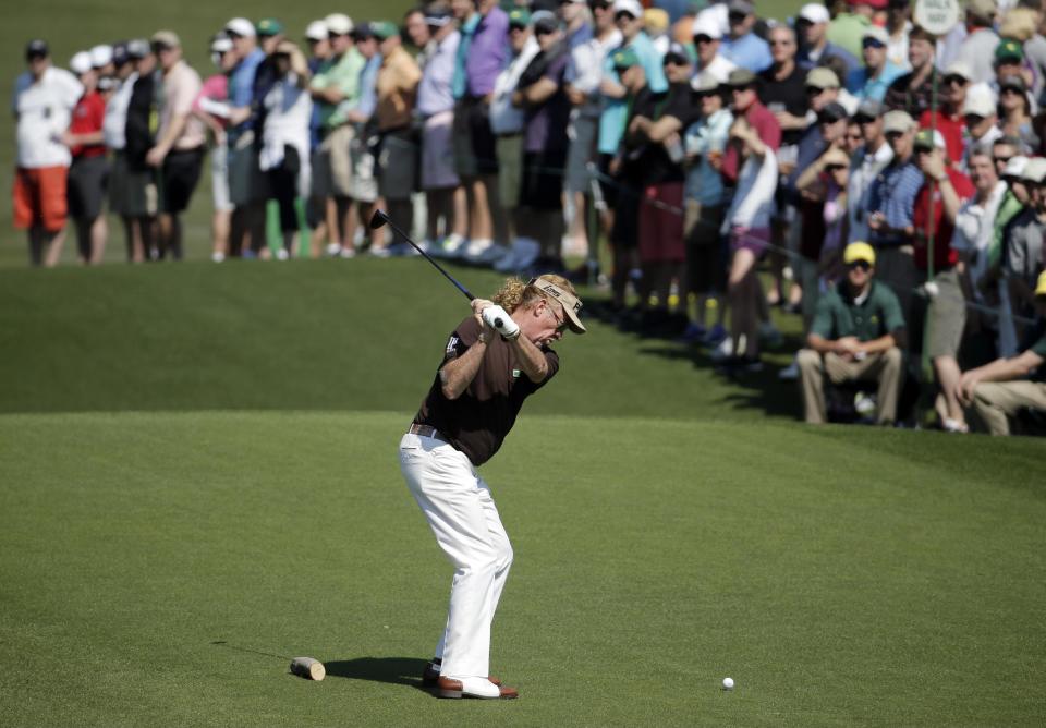 Miguel Angel Jimenez, of Spain, tees off on the third hole during the third round of the Masters golf tournament Saturday, April 12, 2014, in Augusta, Ga. (AP Photo/Chris Carlson)