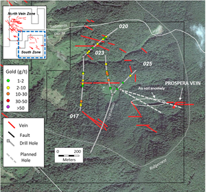 Drilling to date in the Southern Vein Zone showing location of the Prospera Vein and its projection to the west.