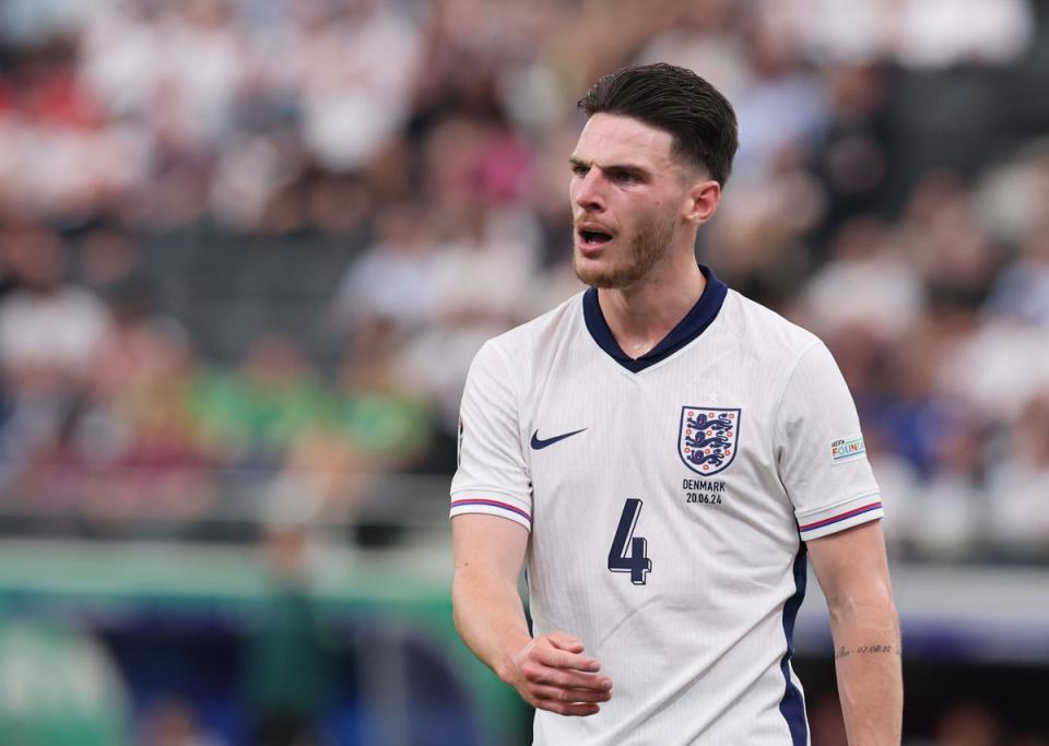 Declan Rice looks frustrated during England’s draw with Denmark (Getty)