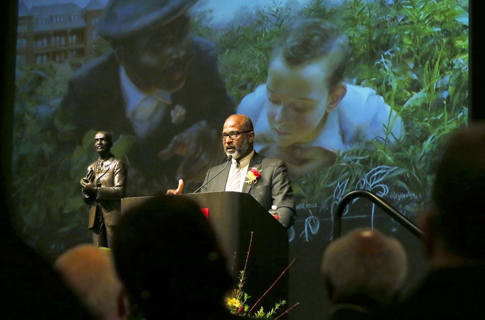 Keynote speaker Dewayne Goldmon, senior advisor for racial justice and equity with U.S. Department of Agriculture, speaks during the celebration of Iowa’s first George Washington Carver Day at Iowa State University's Memorial Union on Wednesday.