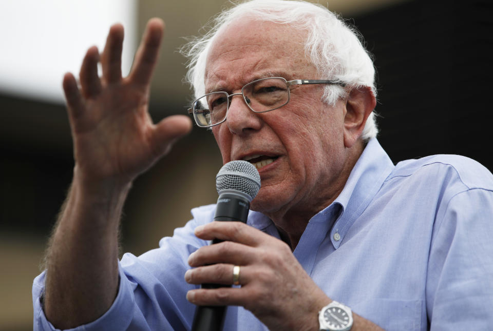 Democratic presidential candidate Sen. Bernie Sanders, I-Vt., speaks at the Iowa State Fair, Sunday, Aug. 11, 2019, in Des Moines, Iowa. (AP Photo/John Locher)