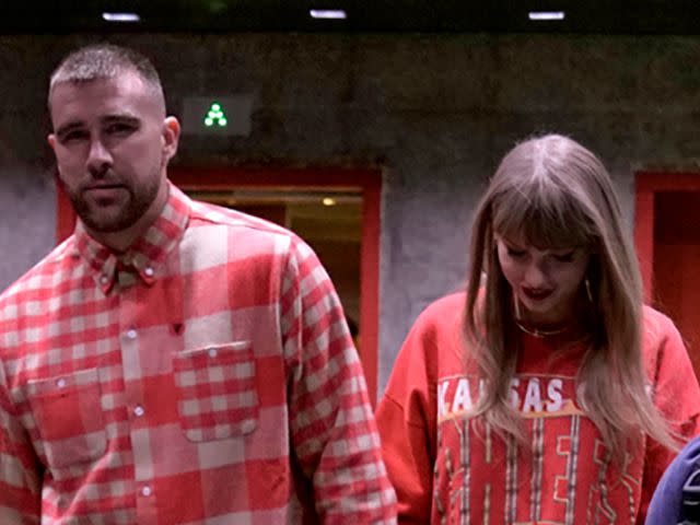 <p>Charlie Riedel/AP Images</p> Kansas City Chiefs tight end Travis Kelce, left, and singer Taylor Swift leave Arrowhead stadium after an NFL football game between the Chiefs and the Los Angeles Chargers, Sunday, Oct. 22, 2023, in Kansas City, Mo