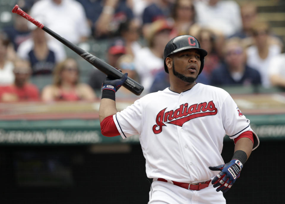 Cleveland Indians' Edwin Encarnacion reacts after striking out against Minnesota Twins starting pitcher Jose Berrios in the fourth inning of a baseball game, Thursday, Aug. 9, 2018, in Cleveland. (AP Photo/Tony Dejak)