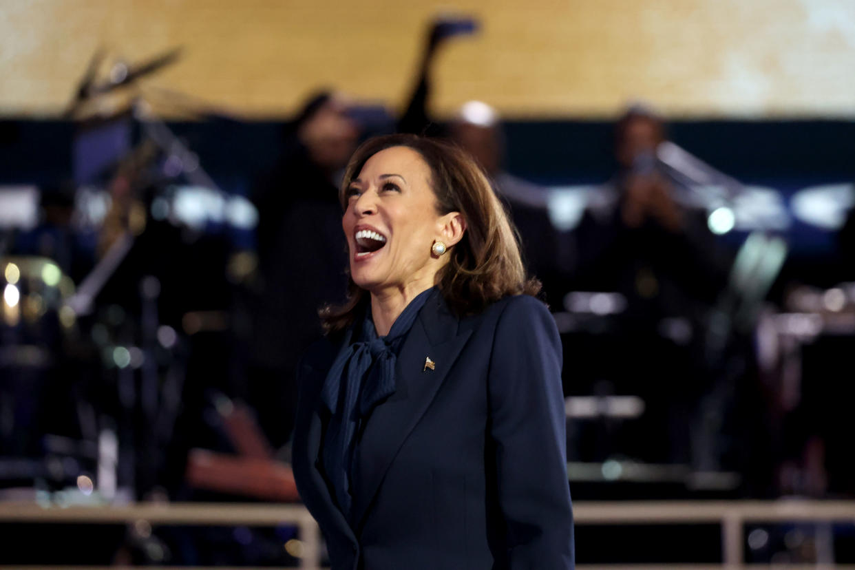 Democratic presidential nominee Vice President Kamala Harris speaks on the final day of the DNC.