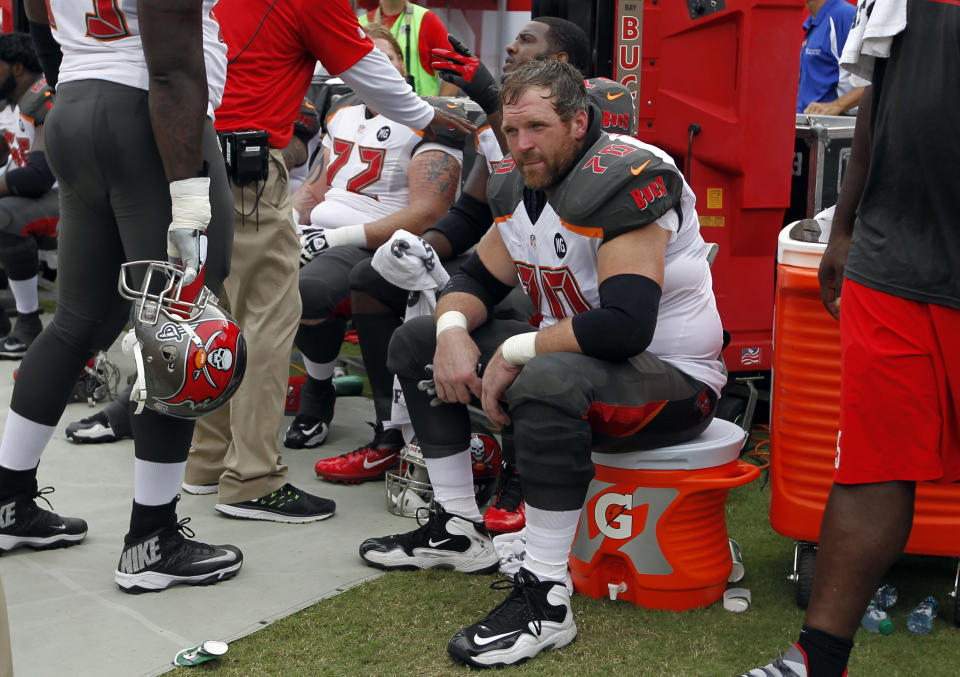 Logan Mankins was a spectator in the second half of Tampa's game against Carolina. (USA TODAY Sports) 