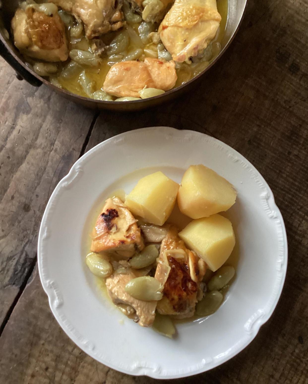 <span>Rachel Roddy’s braised chicken with grapes, wine and vinegar.</span><span>Photograph: Rachel Roddy/The Guardian</span>