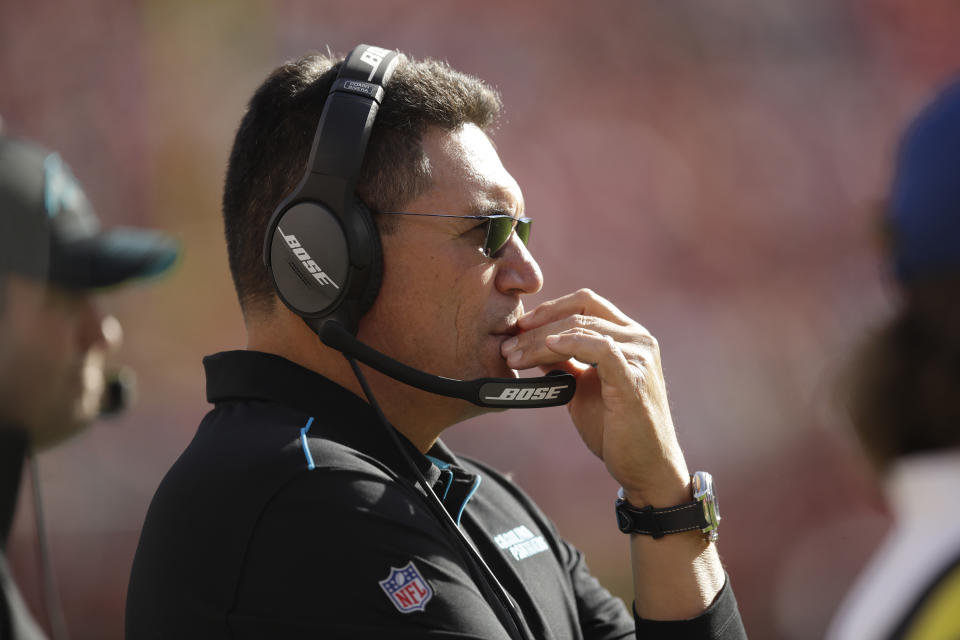 Carolina Panthers head coach Ron Rivera stands on the sidelines during the second half of an NFL football game against the San Francisco 49ers in Santa Clara, Calif., Sunday, Oct. 27, 2019. (AP Photo/Ben Margot)