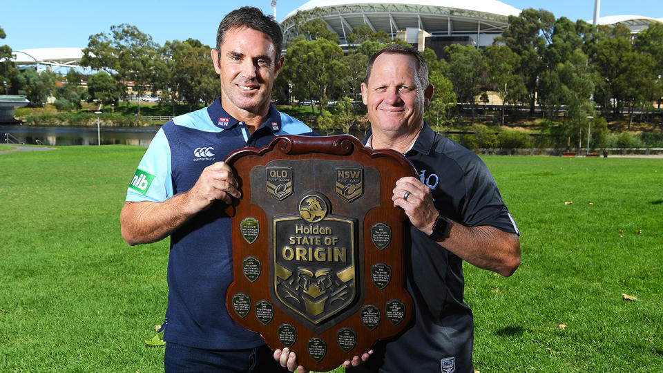 Brad Fittler and Kevin Walters, pictured here with the State on Origin Shield in Adelaide.