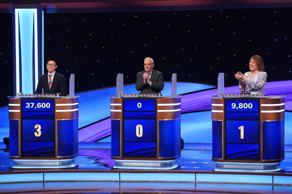 Andrew He beats Sam Buttrey and Amy Schneider in a game of the “Jeopardy!” Masters tournament. | ABC