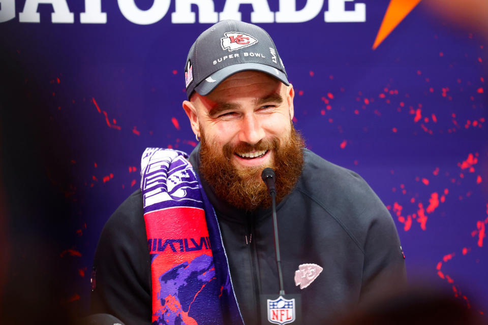 Kelce smiles as he speaks to reporters at Allegiant Stadium in Las Vegas.