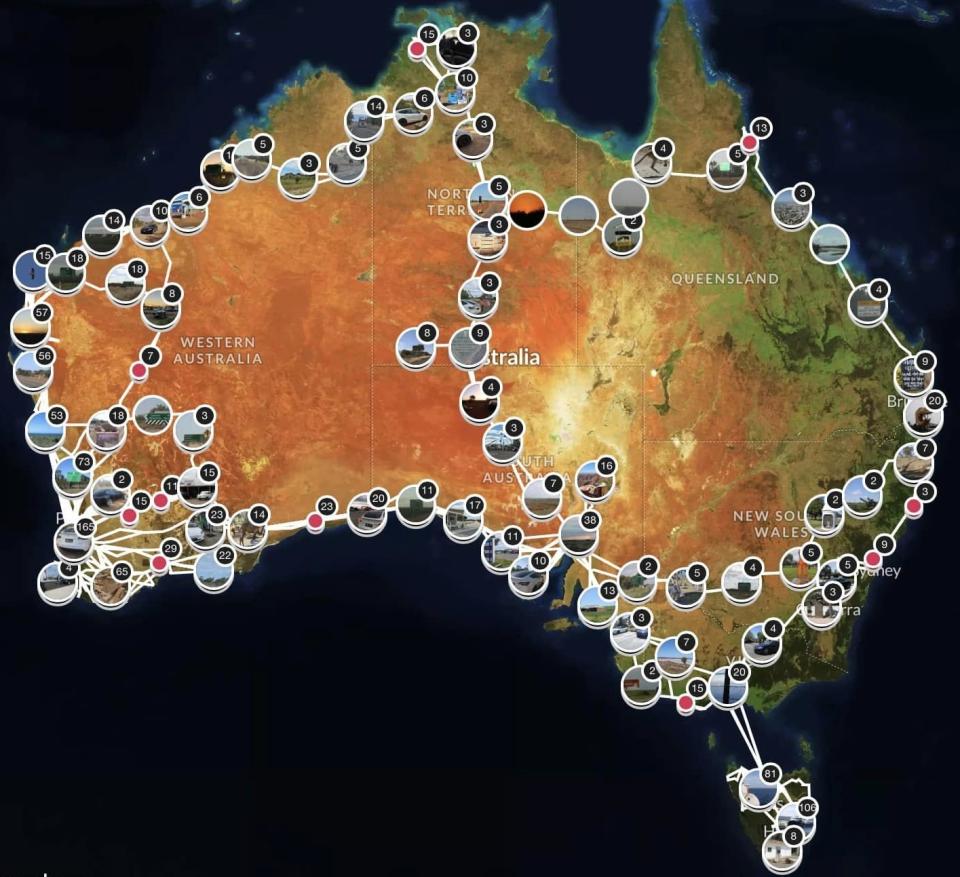 A map showing every location, across Australia, the couple have driven their Teslas. 