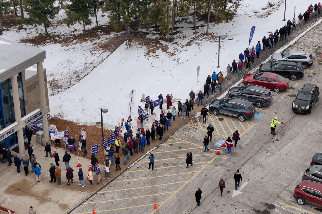 Voters line up to cast their ballots in the New Hampshire primary election in Londonderry, N.H., on Tuesday. (Brian Snyder/Reuters)



