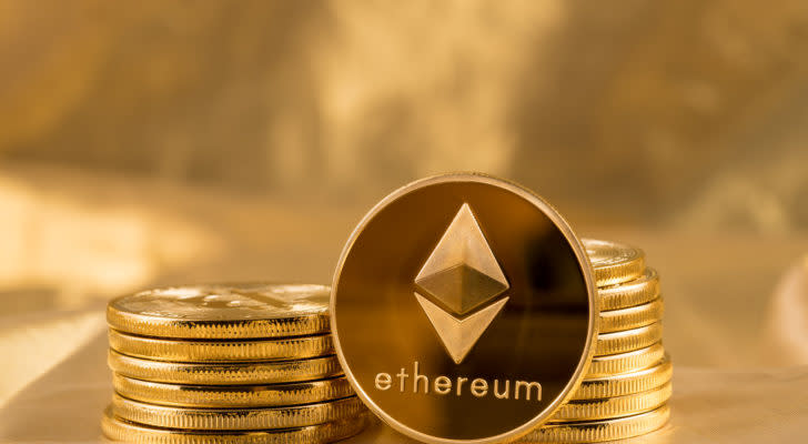 A stack of ethereum coins