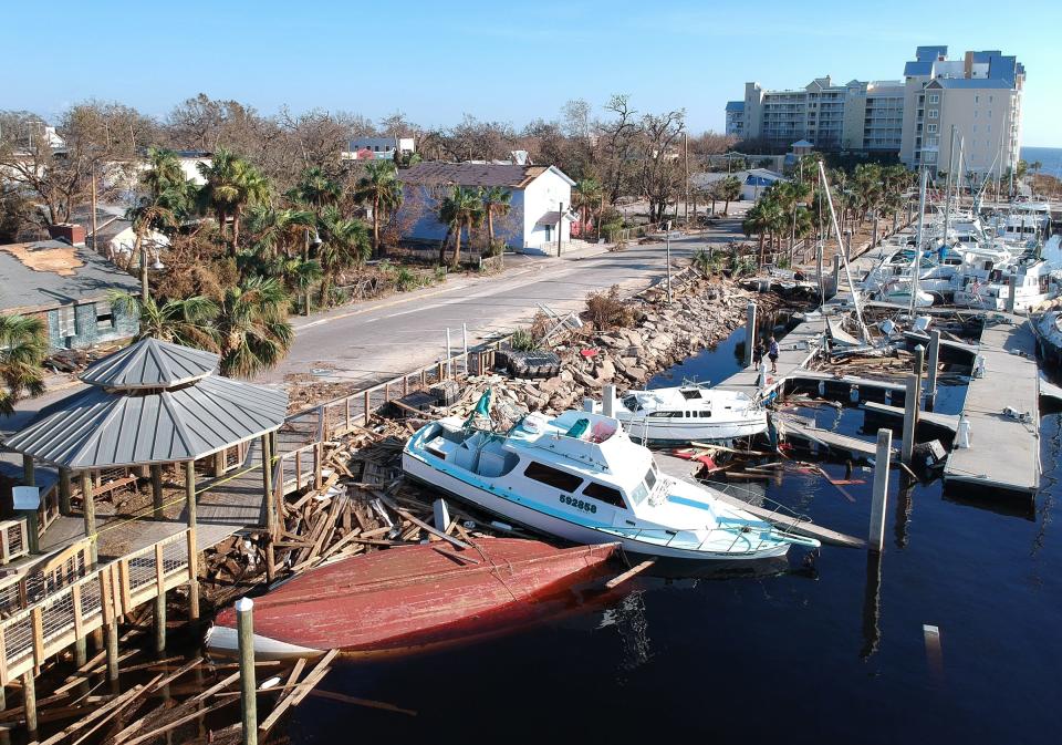 Only the hull of the Governor Stone can be seen at the St. Andrews Marina on Oct. 15, 2018, five days after Hurricane Michael.