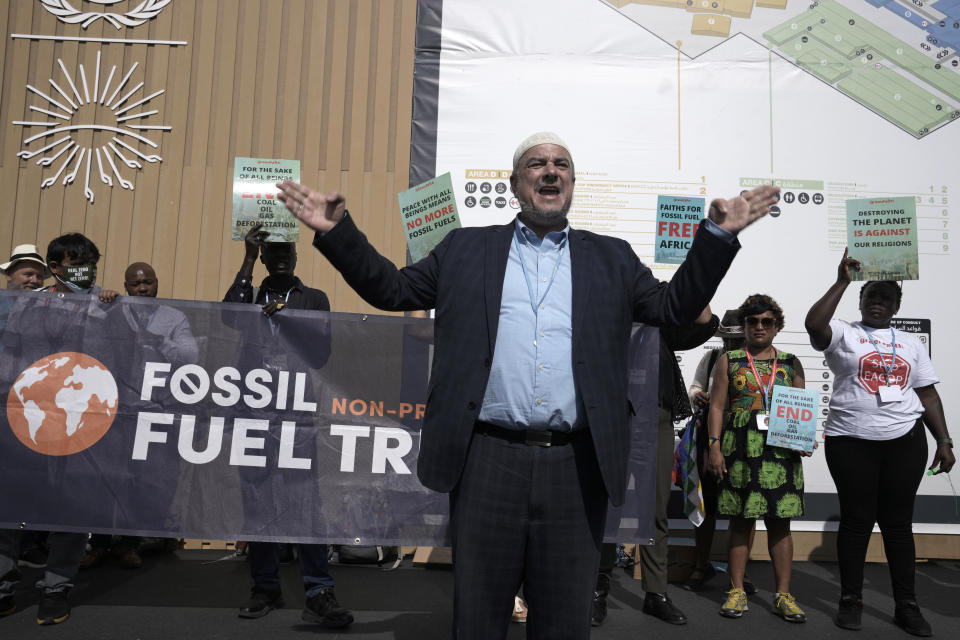 Demonstrators participate in a protest against fossil fuels at the COP27 U.N. Climate Summit, Wednesday, Nov. 16, 2022, in Sharm el-Sheikh, Egypt. (AP Photo/Nariman El-Mofty)