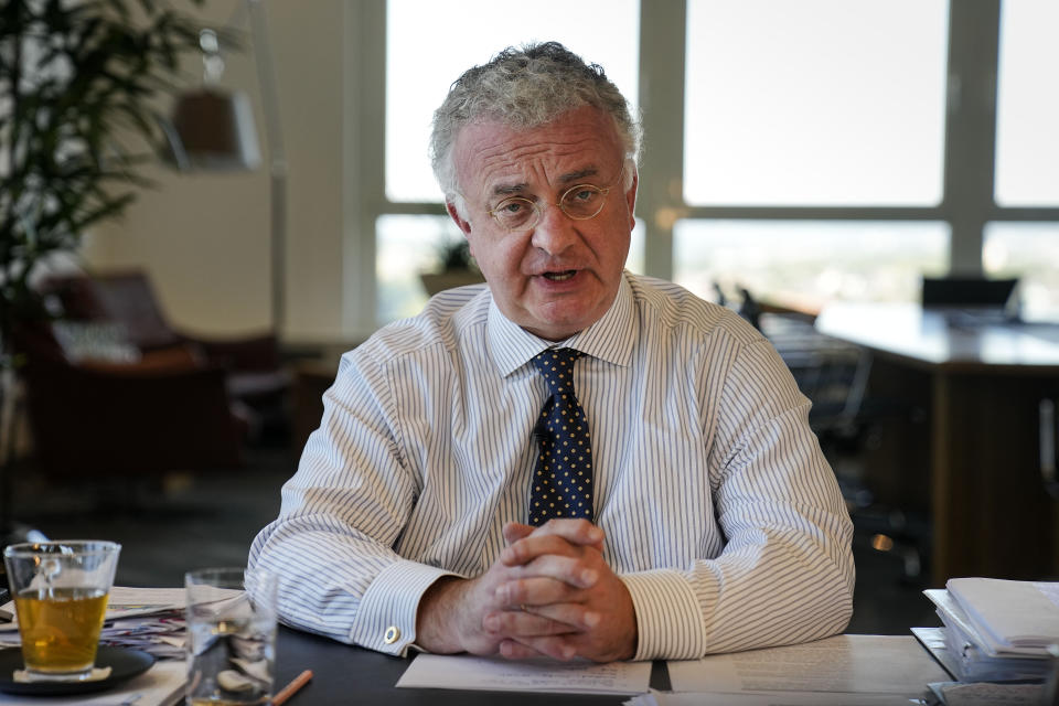 CEO Christian Kullmann of German specialty chemicals company Evonik Industries talks to the Associated Press during an interview at the headquarters in Essen, Germany, Thursday, Sept. 7, 2023. (AP Photo/Martin Meissner)